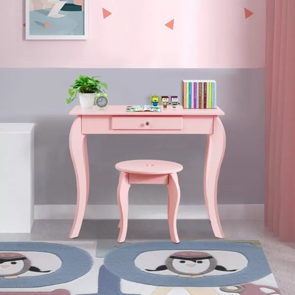 INFANS 2 in 1 Wooden Kids Princess Vanity Table &amp; Chair Set, Child Pretend Play Makeup Table with Detachable Real Mirror, Large Drawer, Pretend Beauty Make Up Dressing Play Set for Girl
