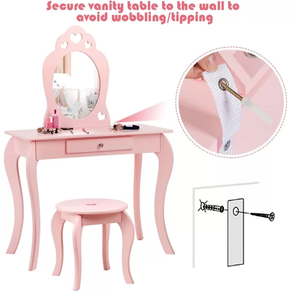 INFANS 2 in 1 Wooden Kids Princess Vanity Table &amp; Chair Set, Child Pretend Play Makeup Table with Detachable Real Mirror, Large Drawer, Pretend Beauty Make Up Dressing Play Set for Girl