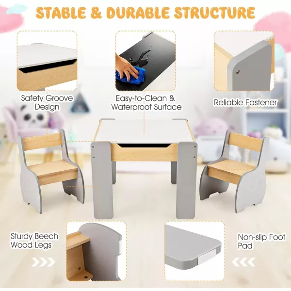 INFANS 3 in 1 Kids Table and Chair Set, Wood Multi Activity Table with Removable Tabletop, Detachable Blackboard for Toddler Playing Drawing Arts Crafts,3 PCS Children Furniture with Storage