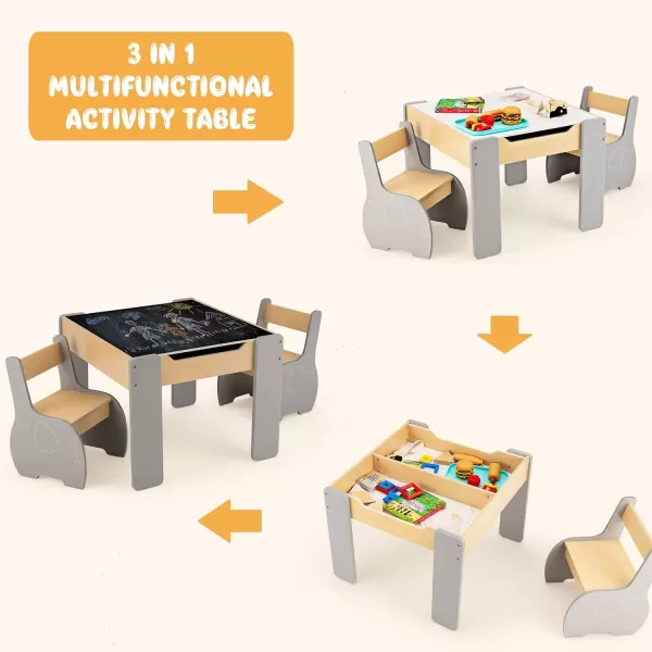 INFANS 3 in 1 Kids Table and Chair Set, Wood Multi Activity Table with Removable Tabletop, Detachable Blackboard for Toddler Playing Drawing Arts Crafts,3 PCS Children Furniture with Storage