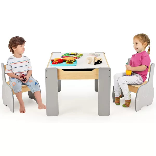 INFANS 3 in 1 Kids Table and Chair Set, Wood Multi Activity Table with Removable Tabletop, Detachable Blackboard for Toddler Playing Drawing Arts Crafts,3 PCS Children Furniture with Storage