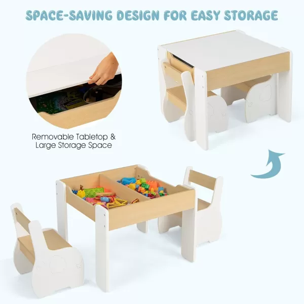 INFANS 3 in 1 Kids Table and Chair Set, Wood Multi Activity Table with Removable Tabletop, Detachable Blackboard for Toddler Playing Drawing Arts Crafts,3 PCS Children Furniture with Storage