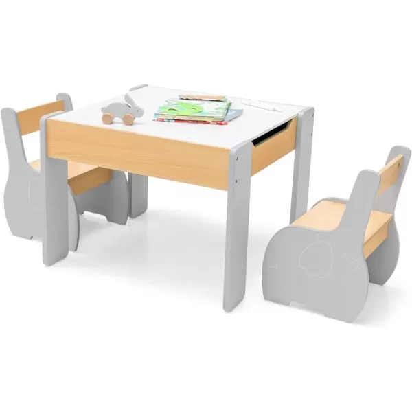 INFANS 3 in 1 Kids Table and Chair Set, Wood Multi Activity Table with Removable Tabletop, Detachable Blackboard for Toddler Playing Drawing Arts Crafts,3 PCS Children Furniture with Storage