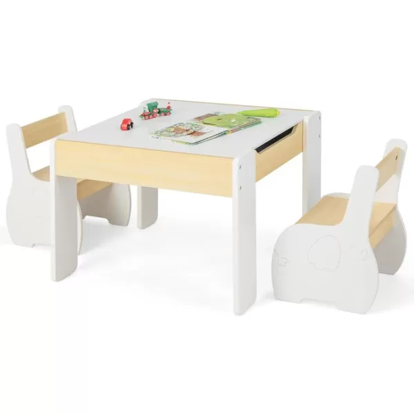 INFANS 3 in 1 Kids Table and Chair Set, Wood Multi Activity Table with Removable Tabletop, Detachable Blackboard for Toddler Playing Drawing Arts Crafts,3 PCS Children Furniture with Storage