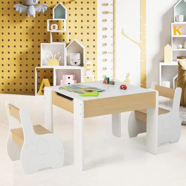 INFANS 3 in 1 Kids Table and Chair Set, Wood Multi Activity Table with Removable Tabletop, Detachable Blackboard for Toddler Playing Drawing Arts Crafts,3 PCS Children Furniture with Storage