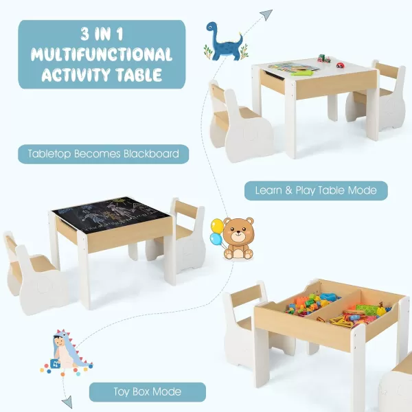 INFANS 3 in 1 Kids Table and Chair Set, Wood Multi Activity Table with Removable Tabletop, Detachable Blackboard for Toddler Playing Drawing Arts Crafts,3 PCS Children Furniture with Storage