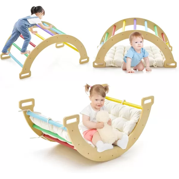 INFANS 4 in 1 Arch Climbing Toys for Toddlers, Montessori Wooden Arch Climber Ladder Structure and Rocker with Cushion Pad, Waldorf Children Indoor Gym Learning Playset for Kids Boys Girls Colourful