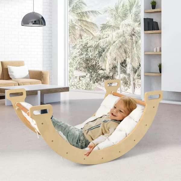 INFANS 4 in 1 Arch Climbing Toys for Toddlers, Montessori Wooden Arch Climber Ladder Structure and Rocker with Cushion Pad, Waldorf Children Indoor Gym Learning Playset for Kids Boys Girls Colourful