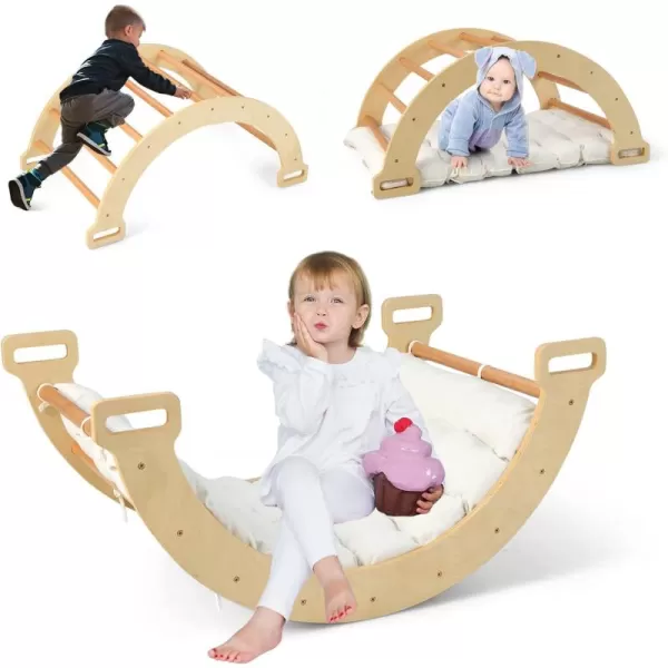 INFANS 4 in 1 Arch Climbing Toys for Toddlers, Montessori Wooden Arch Climber Ladder Structure and Rocker with Cushion Pad, Waldorf Children Indoor Gym Learning Playset for Kids Boys Girls Colourful