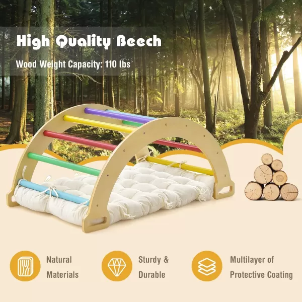 INFANS 4 in 1 Arch Climbing Toys for Toddlers, Montessori Wooden Arch Climber Ladder Structure and Rocker with Cushion Pad, Waldorf Children Indoor Gym Learning Playset for Kids Boys Girls Colourful