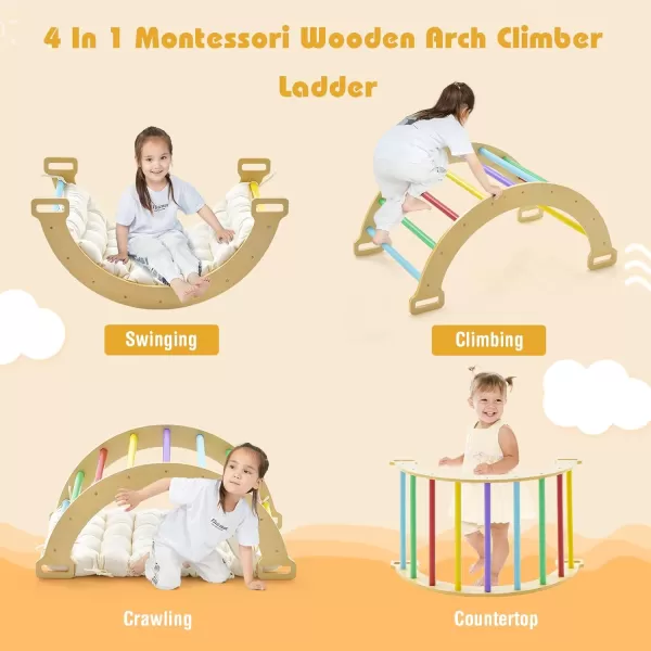 INFANS 4 in 1 Arch Climbing Toys for Toddlers, Montessori Wooden Arch Climber Ladder Structure and Rocker with Cushion Pad, Waldorf Children Indoor Gym Learning Playset for Kids Boys Girls Colourful