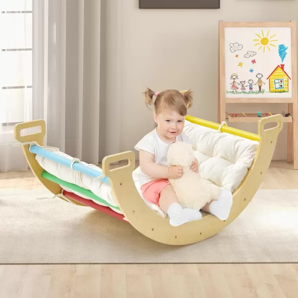 INFANS 4 in 1 Arch Climbing Toys for Toddlers, Montessori Wooden Arch Climber Ladder Structure and Rocker with Cushion Pad, Waldorf Children Indoor Gym Learning Playset for Kids Boys Girls Colourful