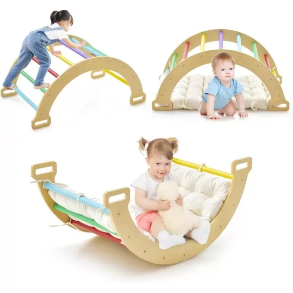 INFANS 4 in 1 Arch Climbing Toys for Toddlers, Montessori Wooden Arch Climber Ladder Structure and Rocker with Cushion Pad, Waldorf Children Indoor Gym Learning Playset for Kids Boys Girls Colourful