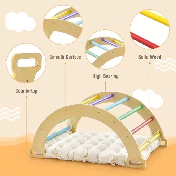 INFANS 4 in 1 Arch Climbing Toys for Toddlers, Montessori Wooden Arch Climber Ladder Structure and Rocker with Cushion Pad, Waldorf Children Indoor Gym Learning Playset for Kids Boys Girls Colourful