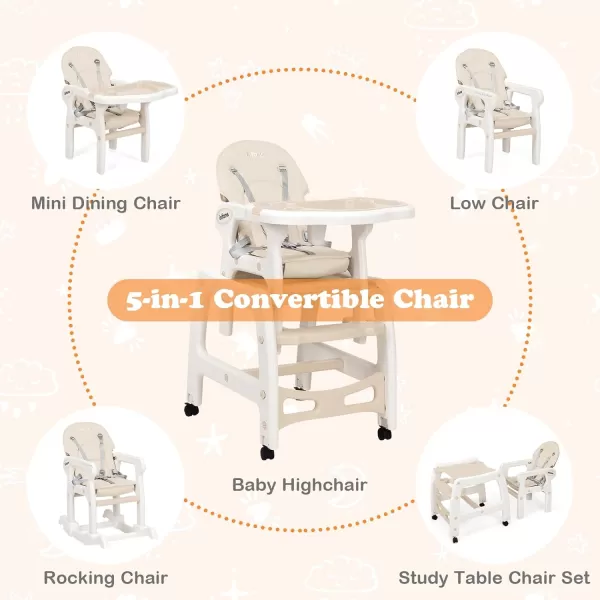 INFANS 5 in 1 Baby High Chair, Convertible Toddler Table Chair Set, Rocking Chair, Multi-Function Seat with Lockable Universal Wheels, Adjustable Seat Back, Removable Trays 