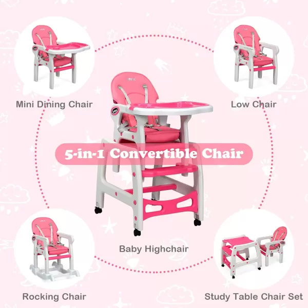 INFANS 5 in 1 Baby High Chair, Convertible Toddler Table Chair Set, Rocking Chair, Multi-Function Seat with Lockable Universal Wheels, Adjustable Seat Back, Removable Trays 
