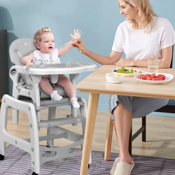 INFANS 5 in 1 Baby High Chair, Convertible Toddler Table Chair Set, Rocking Chair, Multi-Function Seat with Lockable Universal Wheels, Adjustable Seat Back, Removable Trays 