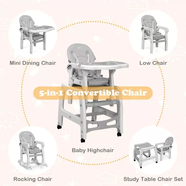 INFANS 5 in 1 Baby High Chair, Convertible Toddler Table Chair Set, Rocking Chair, Multi-Function Seat with Lockable Universal Wheels, Adjustable Seat Back, Removable Trays 