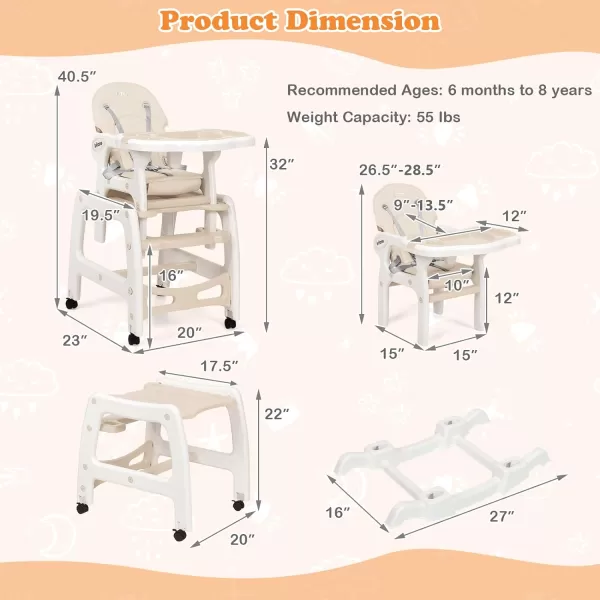 INFANS 5 in 1 Baby High Chair, Convertible Toddler Table Chair Set, Rocking Chair, Multi-Function Seat with Lockable Universal Wheels, Adjustable Seat Back, Removable Trays 