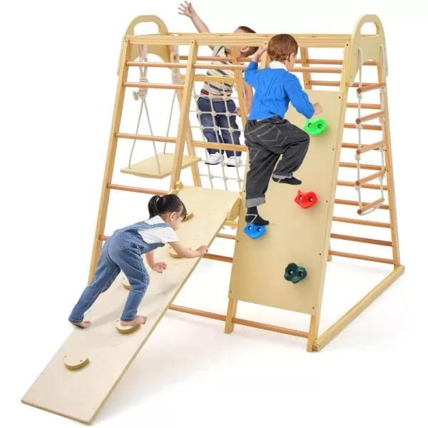 INFANS 7 in 1 Kids Indoor Playground, Wooden Montessori Climber Playset with Tent Slide Climbing Rock Climbing Net, Playground Jungle Gym Structure Climbing Toys for Toddlers Boys Girls