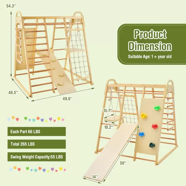 INFANS 7 in 1 Kids Indoor Playground, Wooden Montessori Climber Playset with Tent Slide Climbing Rock Climbing Net, Playground Jungle Gym Structure Climbing Toys for Toddlers Boys Girls