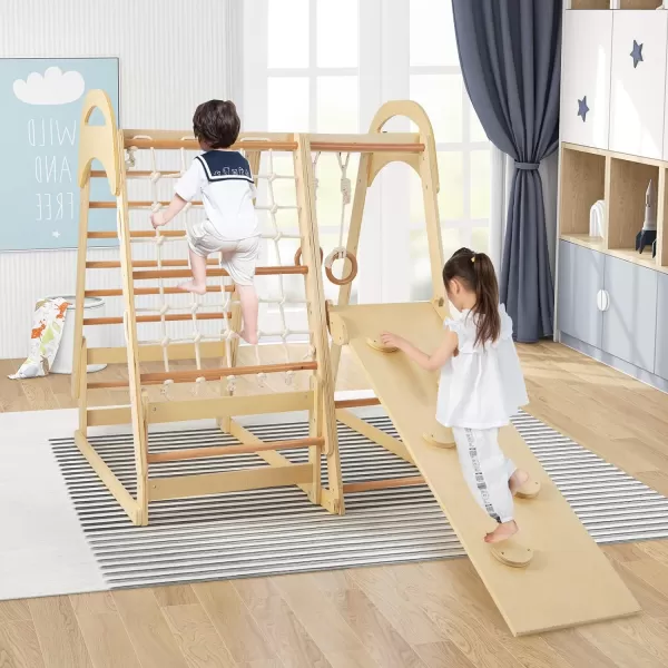 INFANS 7 in 1 Kids Indoor Playground, Wooden Montessori Climber Playset with Tent Slide Climbing Rock Climbing Net, Playground Jungle Gym Structure Climbing Toys for Toddlers Boys Girls