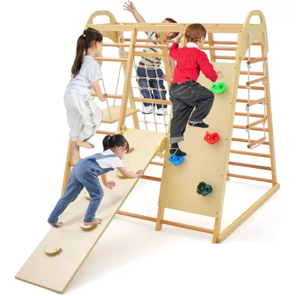 INFANS 7 in 1 Kids Indoor Playground, Wooden Montessori Climber Playset with Tent Slide Climbing Rock Climbing Net, Playground Jungle Gym Structure Climbing Toys for Toddlers Boys Girls