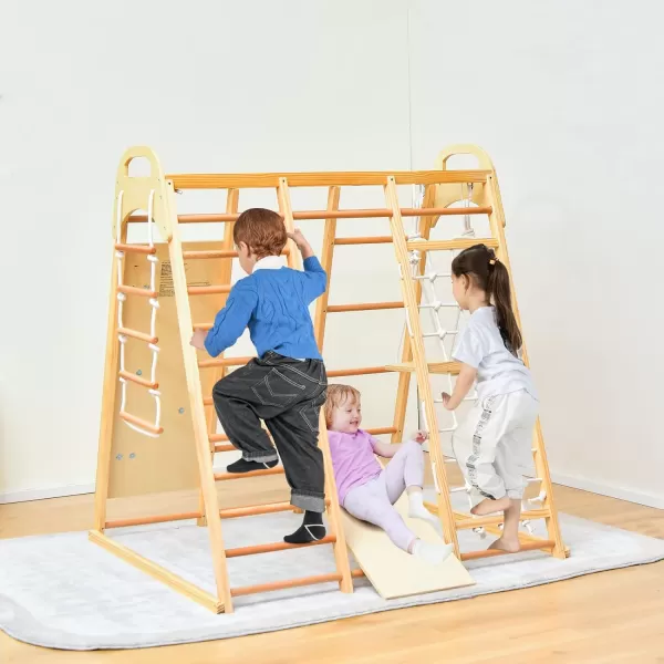 INFANS 7 in 1 Kids Indoor Playground, Wooden Montessori Climber Playset with Tent Slide Climbing Rock Climbing Net, Playground Jungle Gym Structure Climbing Toys for Toddlers Boys Girls