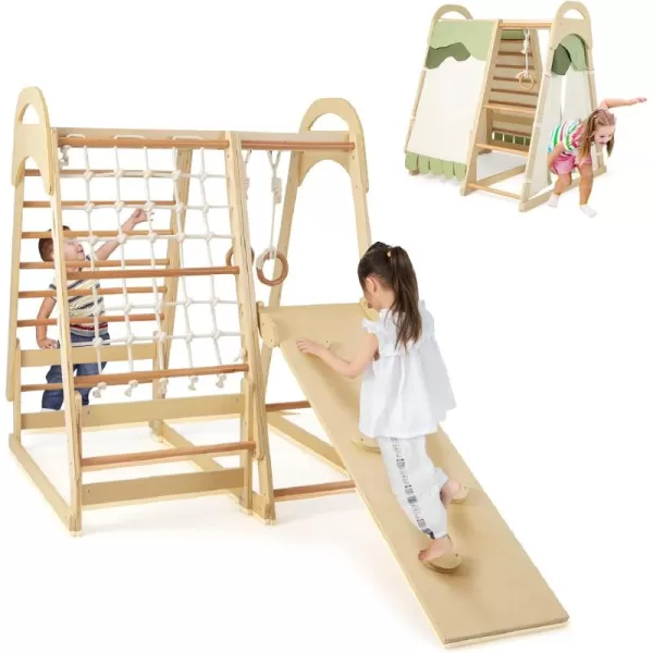 INFANS 7 in 1 Kids Indoor Playground, Wooden Montessori Climber Playset with Tent Slide Climbing Rock Climbing Net, Playground Jungle Gym Structure Climbing Toys for Toddlers Boys Girls