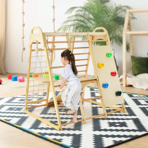 INFANS 7 in 1 Kids Indoor Playground, Wooden Montessori Climber Playset with Tent Slide Climbing Rock Climbing Net, Playground Jungle Gym Structure Climbing Toys for Toddlers Boys Girls