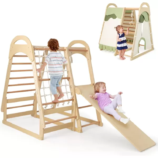 INFANS 7 in 1 Kids Indoor Playground, Wooden Montessori Climber Playset with Tent Slide Climbing Rock Climbing Net, Playground Jungle Gym Structure Climbing Toys for Toddlers Boys Girls