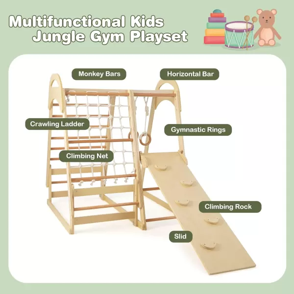 INFANS 7 in 1 Kids Indoor Playground, Wooden Montessori Climber Playset with Tent Slide Climbing Rock Climbing Net, Playground Jungle Gym Structure Climbing Toys for Toddlers Boys Girls