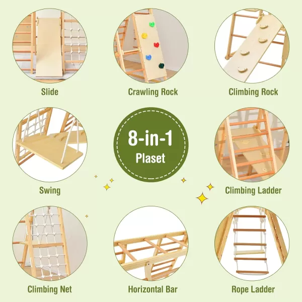 INFANS 7 in 1 Kids Indoor Playground, Wooden Montessori Climber Playset with Tent Slide Climbing Rock Climbing Net, Playground Jungle Gym Structure Climbing Toys for Toddlers Boys Girls