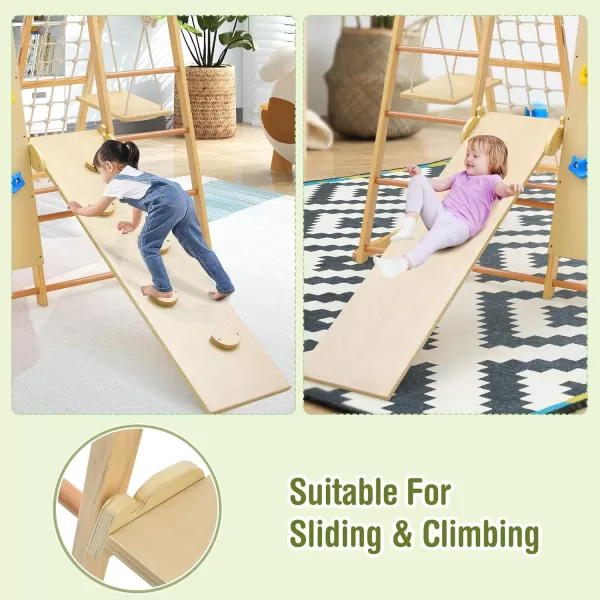 INFANS 7 in 1 Kids Indoor Playground, Wooden Montessori Climber Playset with Tent Slide Climbing Rock Climbing Net, Playground Jungle Gym Structure Climbing Toys for Toddlers Boys Girls