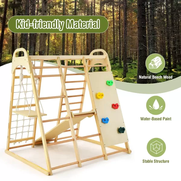 INFANS 7 in 1 Kids Indoor Playground, Wooden Montessori Climber Playset with Tent Slide Climbing Rock Climbing Net, Playground Jungle Gym Structure Climbing Toys for Toddlers Boys Girls