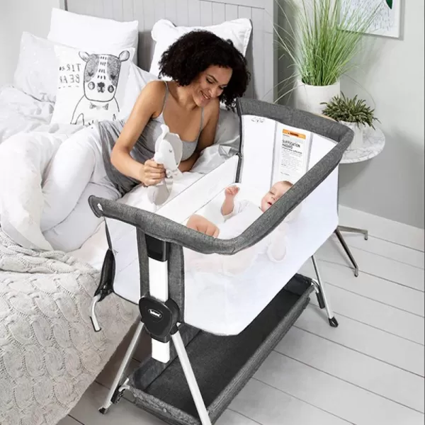 INFANS Baby Bassinet Bedside Crib, Newborn Sleeper w/Large Storage Basket, Adjustable Heights &amp; Angle, Detachable &amp;Washable Mattress, Breathable Mesh, Straps, Easy Moving Bed Side, Light Grey