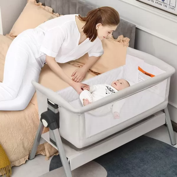 INFANS Baby Bassinet Bedside Crib, Newborn Sleeper w/Large Storage Basket, Adjustable Heights &amp; Angle, Detachable &amp;Washable Mattress, Breathable Mesh, Straps, Easy Moving Bed Side, Light Grey