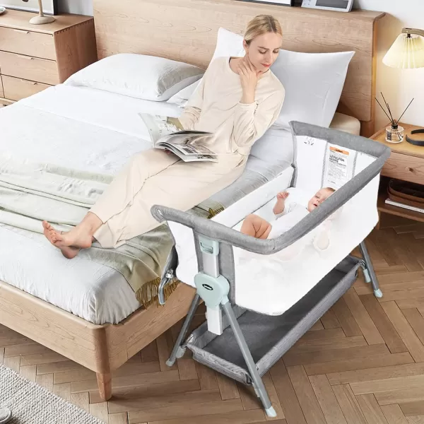 INFANS Baby Bassinet Bedside Crib, Newborn Sleeper w/Large Storage Basket, Adjustable Heights &amp; Angle, Detachable &amp;Washable Mattress, Breathable Mesh, Straps, Easy Moving Bed Side, Light Grey