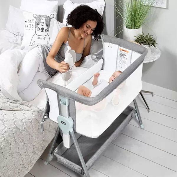 INFANS Baby Bassinet Bedside Crib, Newborn Sleeper w/Large Storage Basket, Adjustable Heights &amp; Angle, Detachable &amp;Washable Mattress, Breathable Mesh, Straps, Easy Moving Bed Side, Light Grey