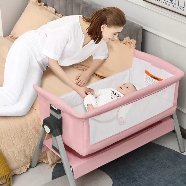 INFANS Baby Bassinet Bedside Crib, Newborn Sleeper w/Large Storage Basket, Adjustable Heights &amp; Angle, Detachable &amp;Washable Mattress, Breathable Mesh, Straps, Easy Moving Bed Side, Light Grey