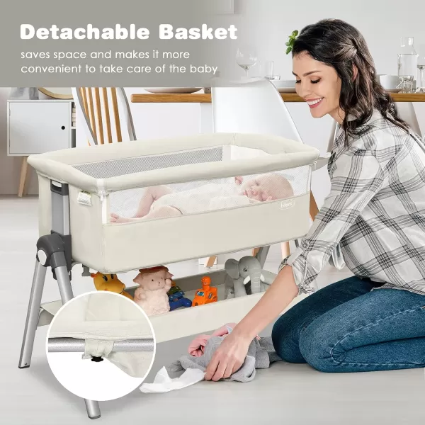 INFANS Baby Bassinet Bedside Crib, Newborn Sleeper w/Large Storage Basket, Adjustable Heights &amp; Angle, Detachable &amp;Washable Mattress, Breathable Mesh, Straps, Easy Moving Bed Side, Light Grey