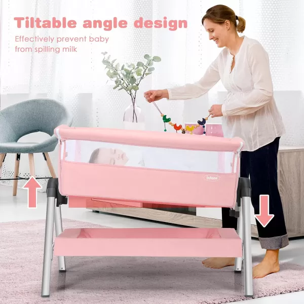 INFANS Baby Bassinet Bedside Crib, Newborn Sleeper w/Large Storage Basket, Adjustable Heights &amp; Angle, Detachable &amp;Washable Mattress, Breathable Mesh, Straps, Easy Moving Bed Side, Light Grey