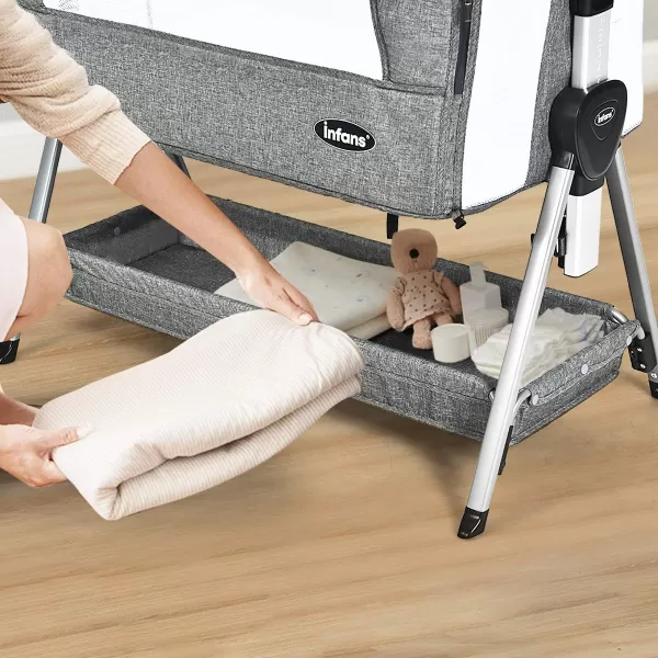 INFANS Baby Bassinet Bedside Crib, Newborn Sleeper w/Large Storage Basket, Adjustable Heights &amp; Angle, Detachable &amp;Washable Mattress, Breathable Mesh, Straps, Easy Moving Bed Side, Light Grey