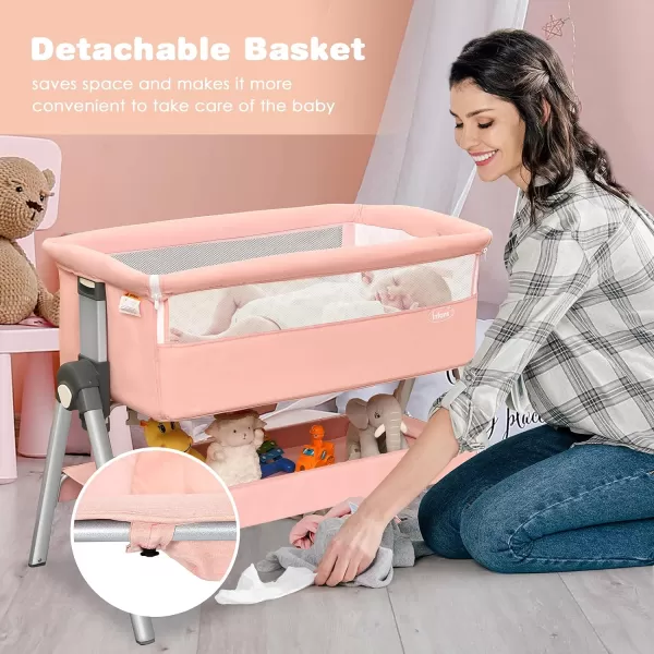 INFANS Baby Bassinet Bedside Crib, Newborn Sleeper w/Large Storage Basket, Adjustable Heights &amp; Angle, Detachable &amp;Washable Mattress, Breathable Mesh, Straps, Easy Moving Bed Side, Light Grey