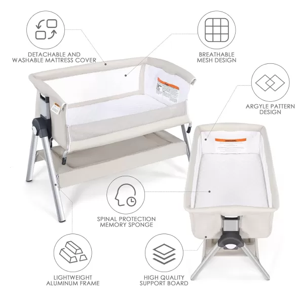 INFANS Baby Bassinet Bedside Crib, Newborn Sleeper w/Large Storage Basket, Adjustable Heights &amp; Angle, Detachable &amp;Washable Mattress, Breathable Mesh, Straps, Easy Moving Bed Side, Light Grey