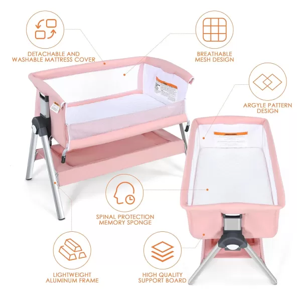 INFANS Baby Bassinet Bedside Crib, Newborn Sleeper w/Large Storage Basket, Adjustable Heights &amp; Angle, Detachable &amp;Washable Mattress, Breathable Mesh, Straps, Easy Moving Bed Side, Light Grey