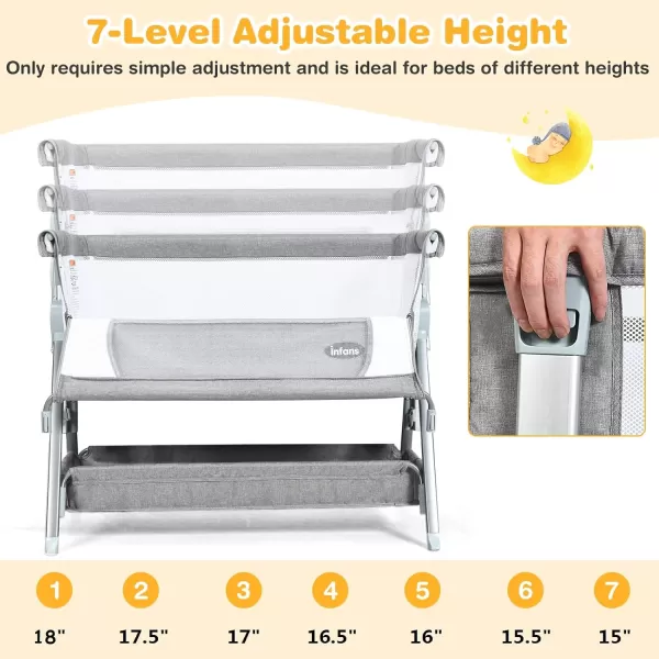 INFANS Baby Bassinet Bedside Crib, Newborn Sleeper w/Large Storage Basket, Adjustable Heights &amp; Angle, Detachable &amp;Washable Mattress, Breathable Mesh, Straps, Easy Moving Bed Side, Light Grey