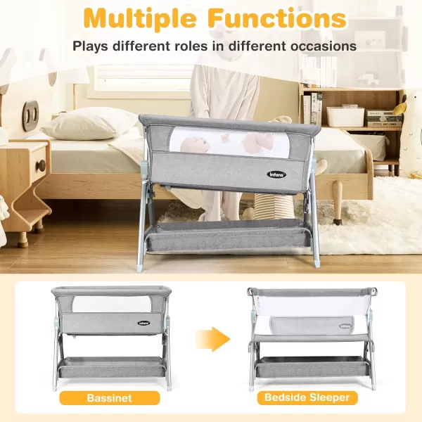 INFANS Baby Bassinet Bedside Crib, Newborn Sleeper w/Large Storage Basket, Adjustable Heights &amp; Angle, Detachable &amp;Washable Mattress, Breathable Mesh, Straps, Easy Moving Bed Side, Light Grey