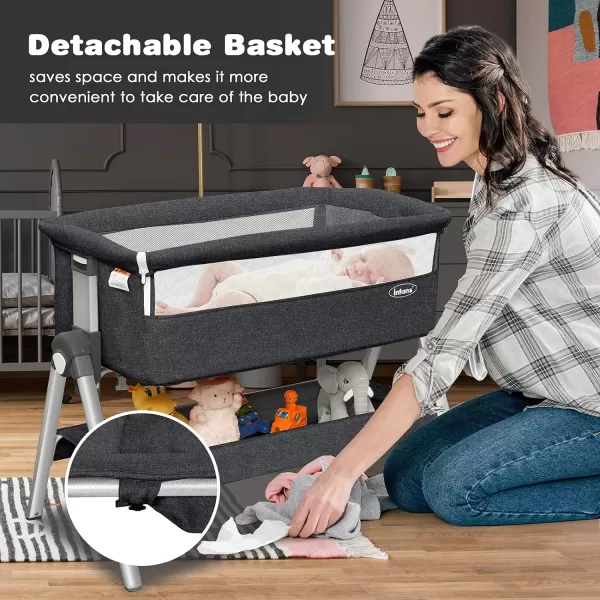 INFANS Baby Bassinet Bedside Crib, Newborn Sleeper w/Large Storage Basket, Adjustable Heights &amp; Angle, Detachable &amp;Washable Mattress, Breathable Mesh, Straps, Easy Moving Bed Side, Light Grey