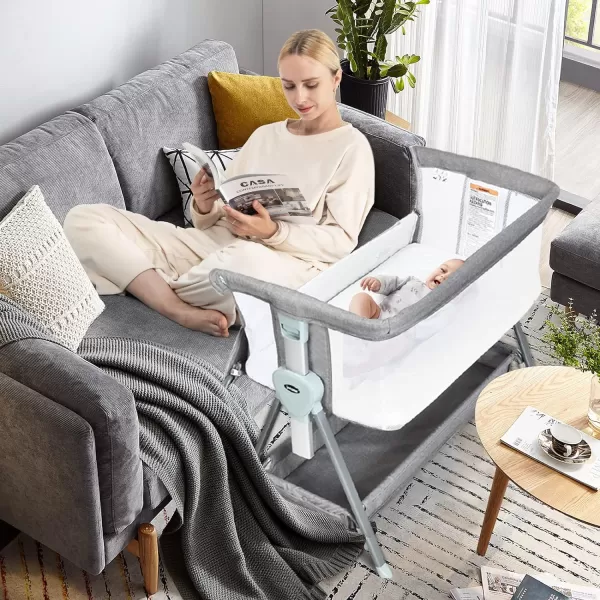 INFANS Baby Bassinet Bedside Crib, Newborn Sleeper w/Large Storage Basket, Adjustable Heights &amp; Angle, Detachable &amp;Washable Mattress, Breathable Mesh, Straps, Easy Moving Bed Side, Light Grey